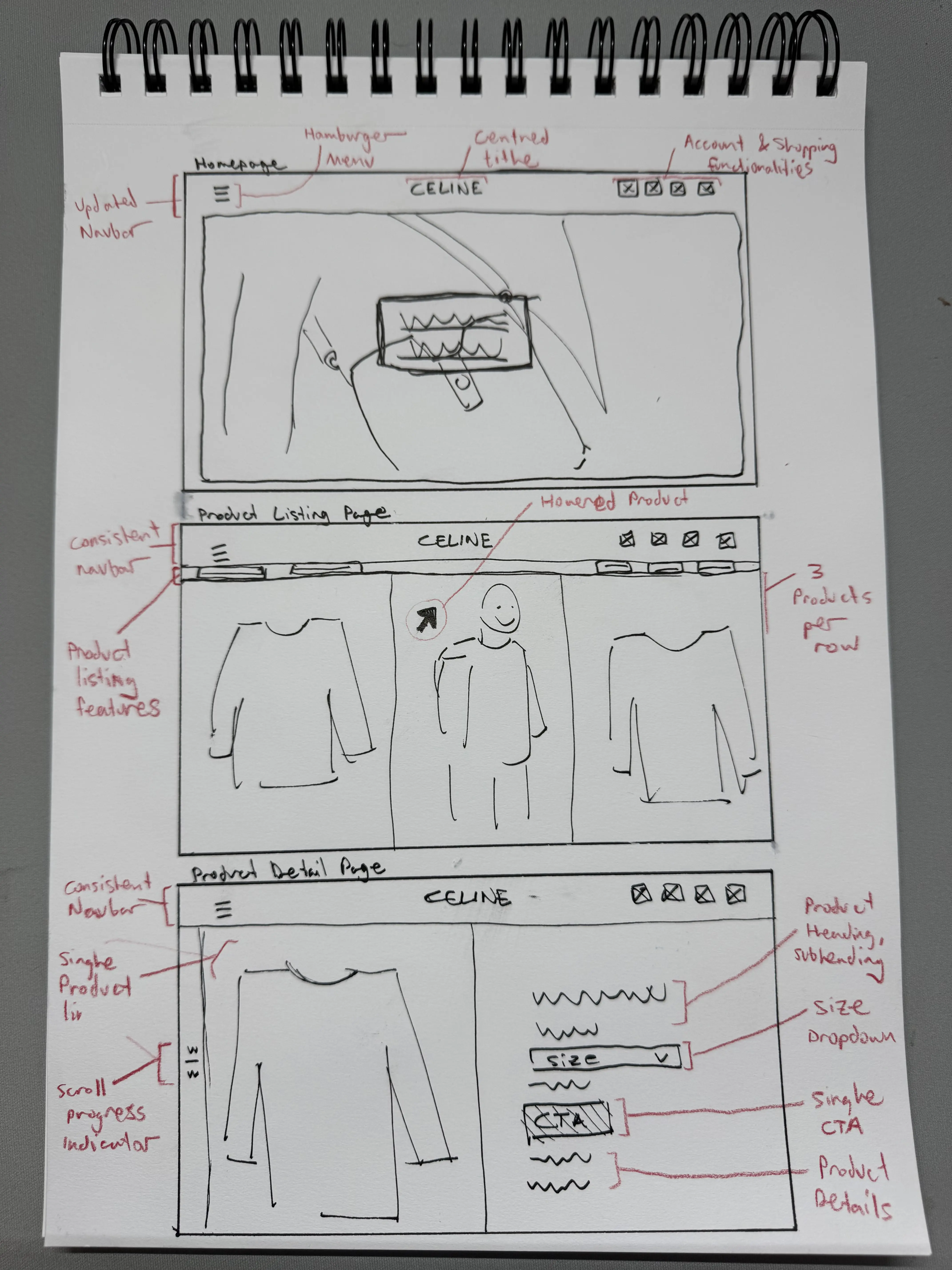 Celine redesign wireframe sketches
